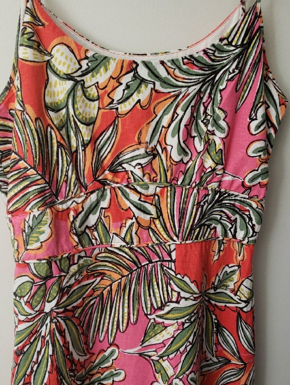 C&C California Pink & Orange Tropical Print Maxi Tiered Linen Blend Dress- L - Picture 3 of 13